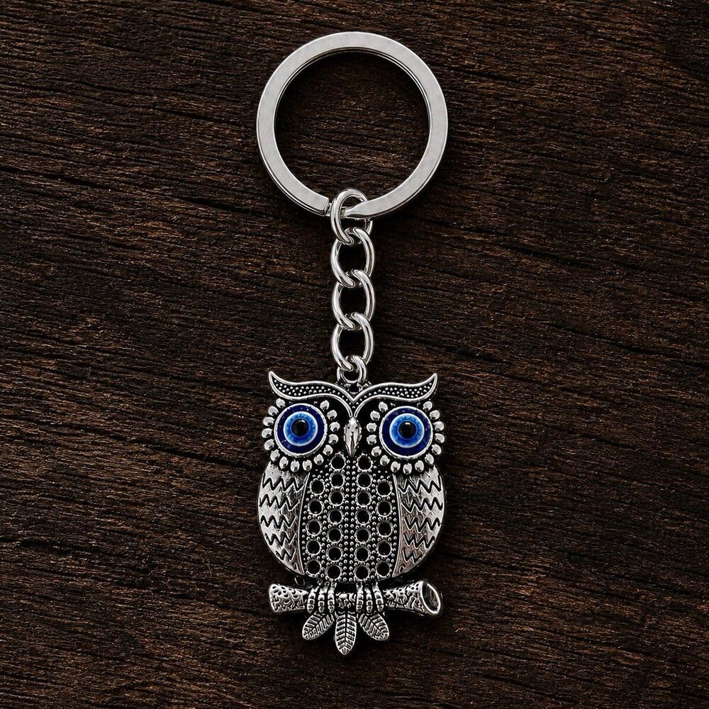 Boho Owl Keychain Evil Eye Charm Silver Key Ring Vintage Style Lucky Gift